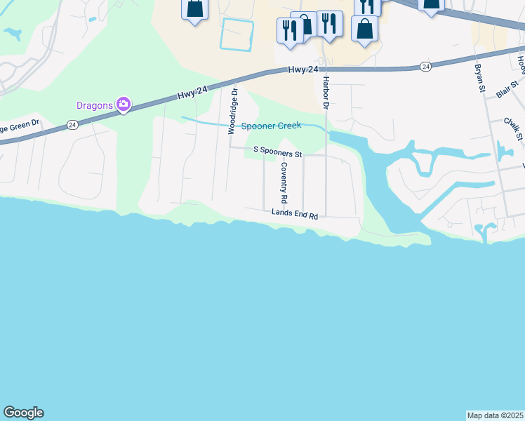 map of restaurants, bars, coffee shops, grocery stores, and more near 221 Lands End Rd in Morehead City