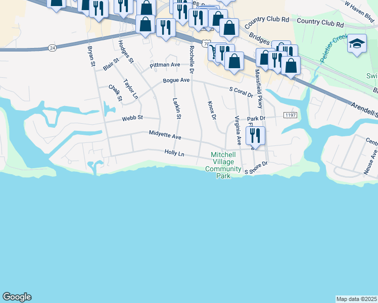 map of restaurants, bars, coffee shops, grocery stores, and more near 5006 Holly Lane in Morehead City