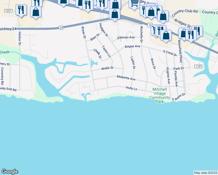 map of restaurants, bars, coffee shops, grocery stores, and more near 5122 Holly Lane in Morehead City