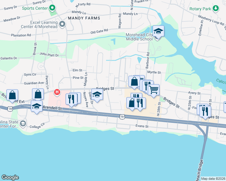 map of restaurants, bars, coffee shops, grocery stores, and more near 3205 Bridges Street in Morehead City
