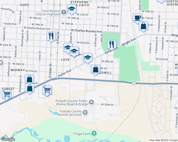 map of restaurants, bars, coffee shops, grocery stores, and more near 3316 West 27th Street in Little Rock