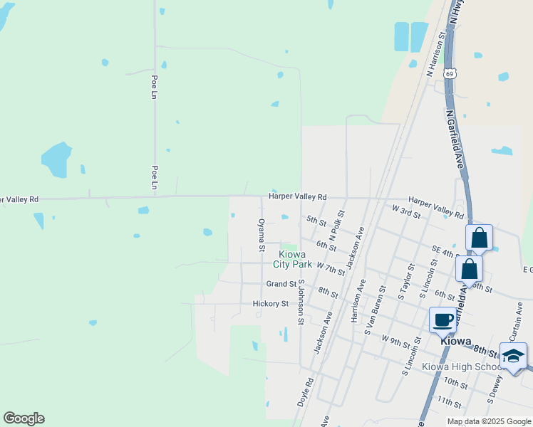 map of restaurants, bars, coffee shops, grocery stores, and more near 305 South Bois Darc Avenue in Kiowa