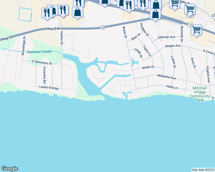 map of restaurants, bars, coffee shops, grocery stores, and more near 5222 Driftwood Lane in Morehead City