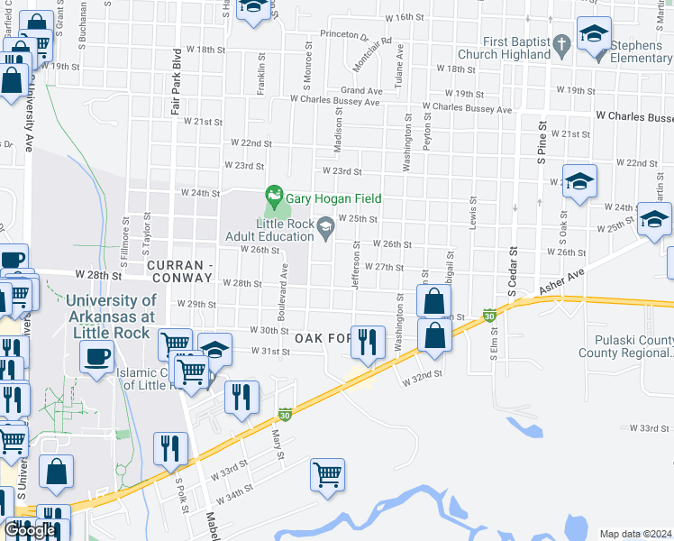 map of restaurants, bars, coffee shops, grocery stores, and more near 2703 Madison Street in Little Rock
