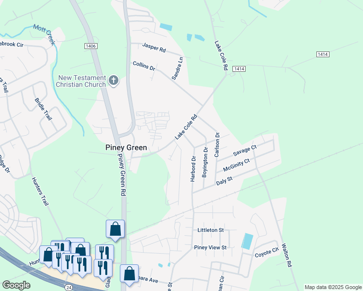 map of restaurants, bars, coffee shops, grocery stores, and more near 103 Woodbrook Drive in Piney Green