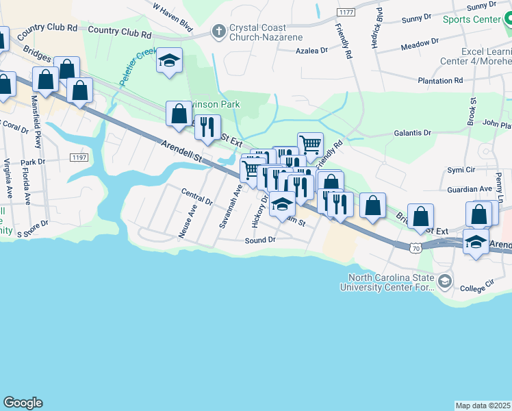map of restaurants, bars, coffee shops, grocery stores, and more near 4121 Bonham Street in Morehead City