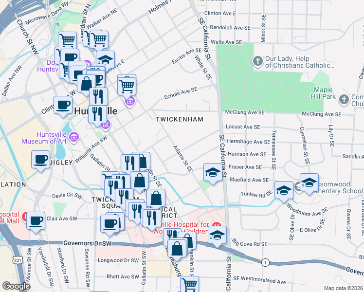 map of restaurants, bars, coffee shops, grocery stores, and more near 703 Adams Street Southeast in Huntsville