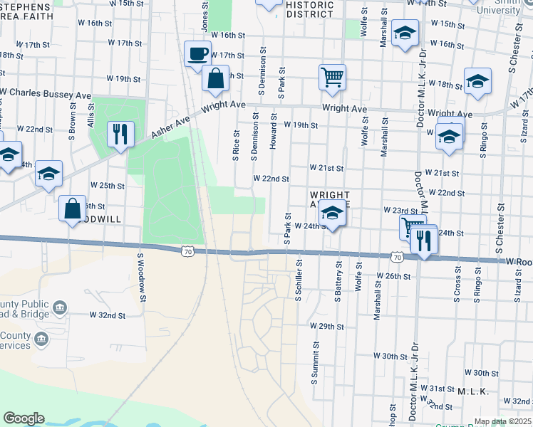 map of restaurants, bars, coffee shops, grocery stores, and more near 2408 Howard Street in Little Rock