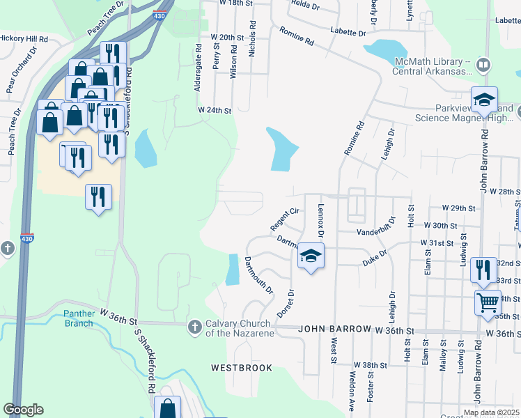 map of restaurants, bars, coffee shops, grocery stores, and more near 2901 Aldersgate Road in Little Rock