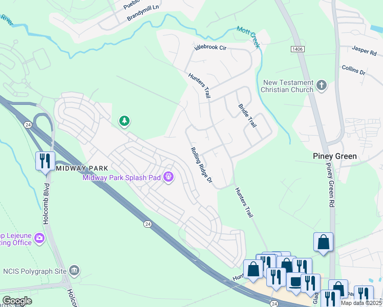 map of restaurants, bars, coffee shops, grocery stores, and more near 2105 Rolling Ridge Drive in Jacksonville