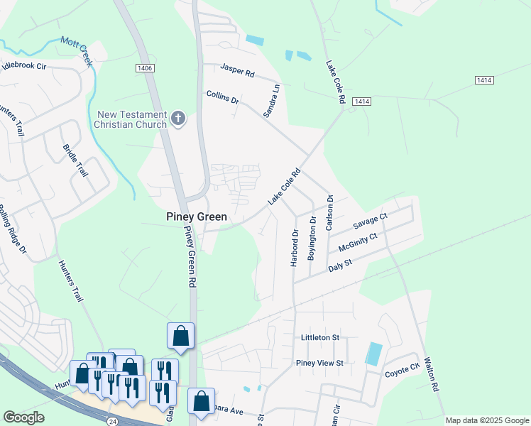 map of restaurants, bars, coffee shops, grocery stores, and more near 103 Woodbrook Drive in Piney Green