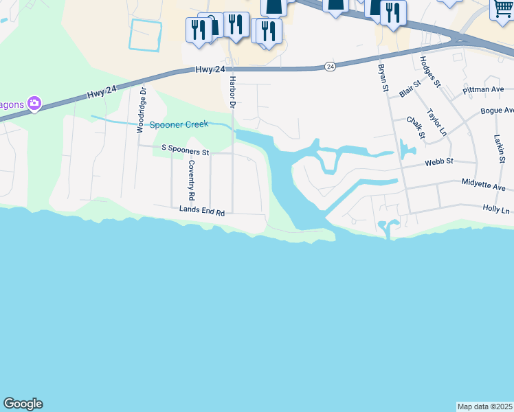map of restaurants, bars, coffee shops, grocery stores, and more near 155 South Spooners Street in Morehead City