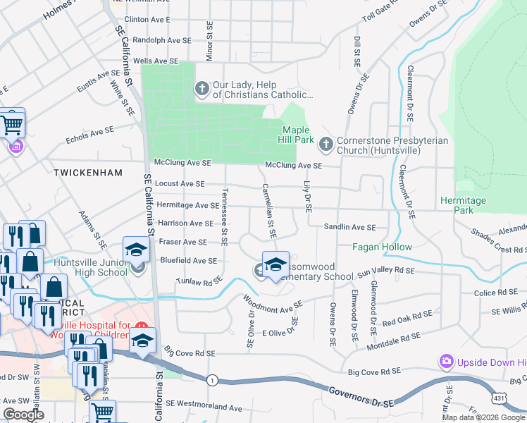 map of restaurants, bars, coffee shops, grocery stores, and more near 1000 Carmelian Street Southeast in Huntsville
