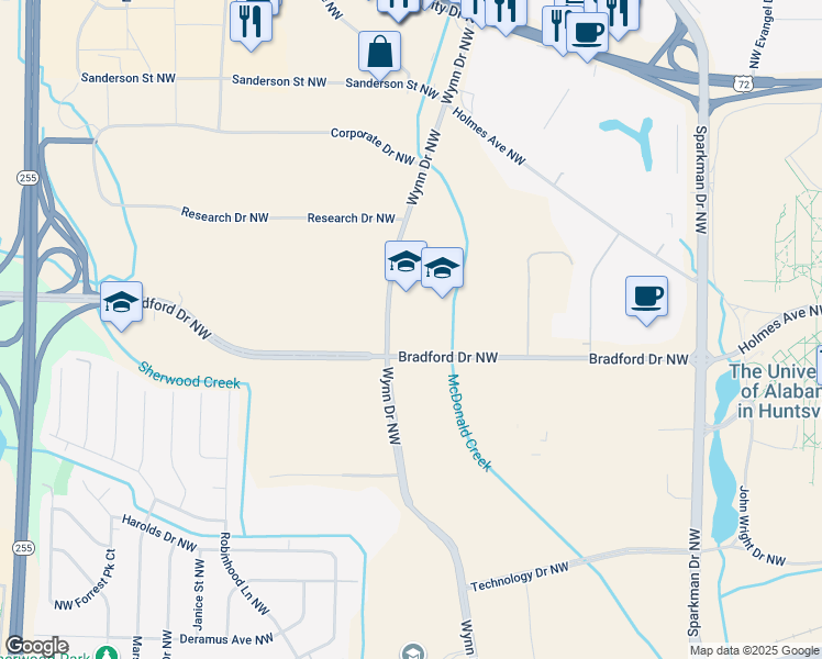 map of restaurants, bars, coffee shops, grocery stores, and more near 4810 Bradford Drive Northwest in Huntsville