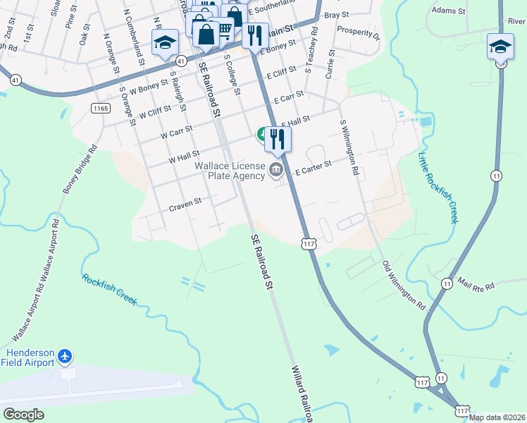 map of restaurants, bars, coffee shops, grocery stores, and more near 647 Southeast Railroad Street in Wallace