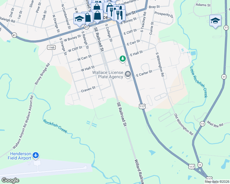 map of restaurants, bars, coffee shops, grocery stores, and more near 647-711 Southeast Railroad Street in Wallace