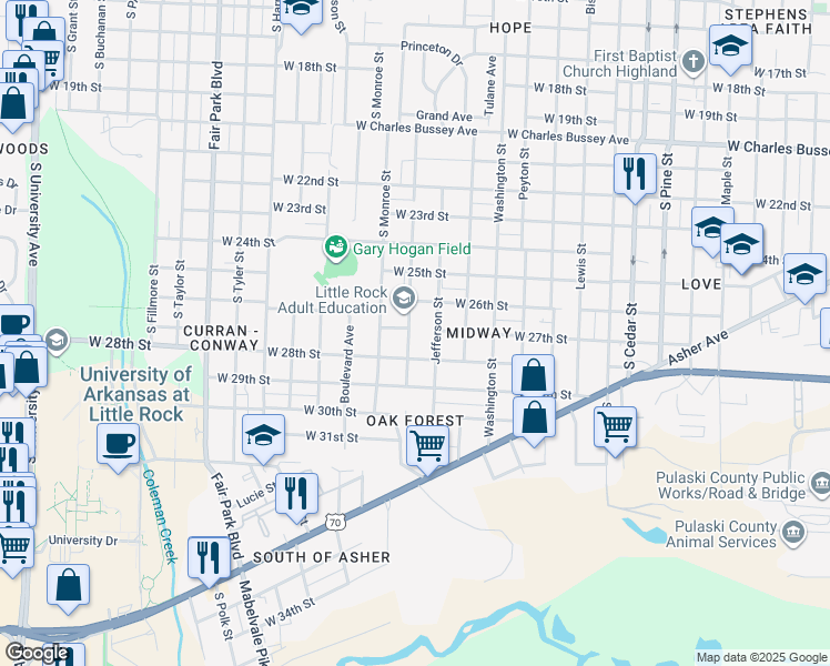map of restaurants, bars, coffee shops, grocery stores, and more near 4700 West 28th Street in Little Rock