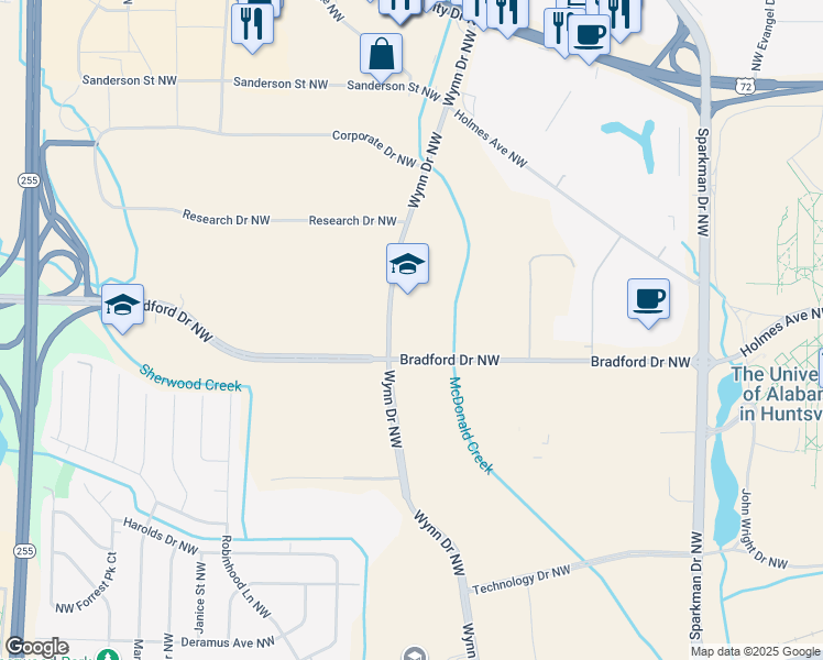 map of restaurants, bars, coffee shops, grocery stores, and more near 4810 Bradford Drive Northwest in Huntsville