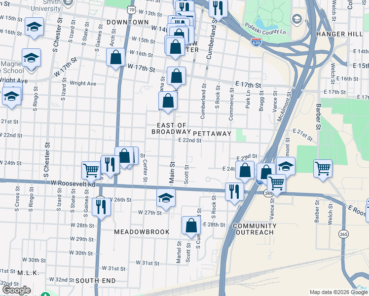 map of restaurants, bars, coffee shops, grocery stores, and more near 2216 Scott Street in Little Rock