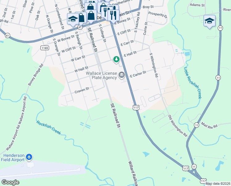 map of restaurants, bars, coffee shops, grocery stores, and more near 647 Southeast Railroad Street in Wallace