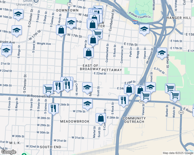 map of restaurants, bars, coffee shops, grocery stores, and more near 2216 Scott Street in Little Rock