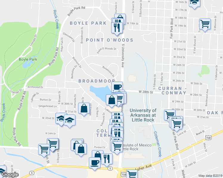 map of restaurants, bars, coffee shops, grocery stores, and more near 7 Broadmoor Drive in Little Rock