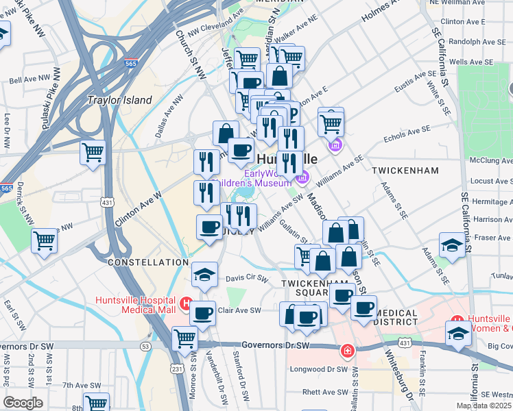 map of restaurants, bars, coffee shops, grocery stores, and more near 300 Church Street Southwest in Huntsville