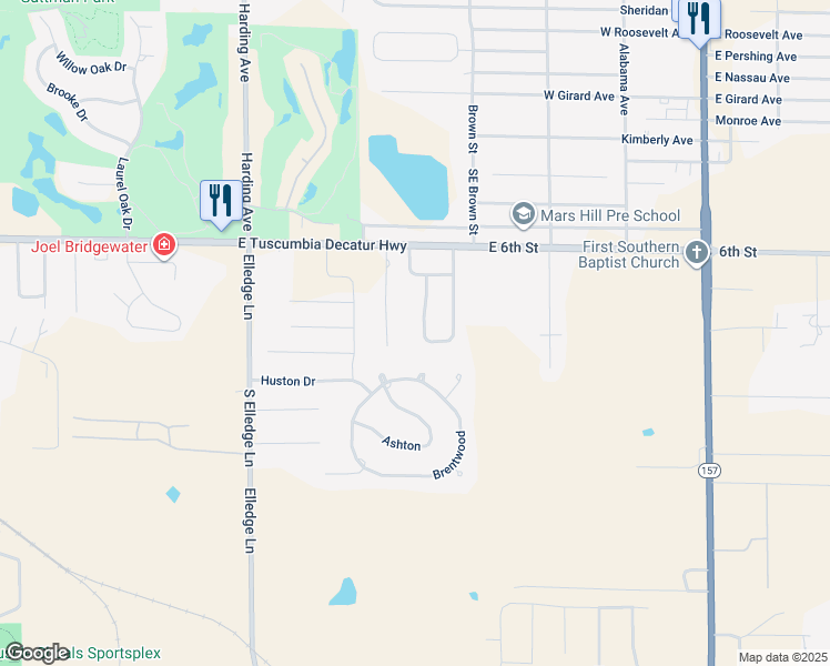 map of restaurants, bars, coffee shops, grocery stores, and more near 104 McGuire Court in Muscle Shoals