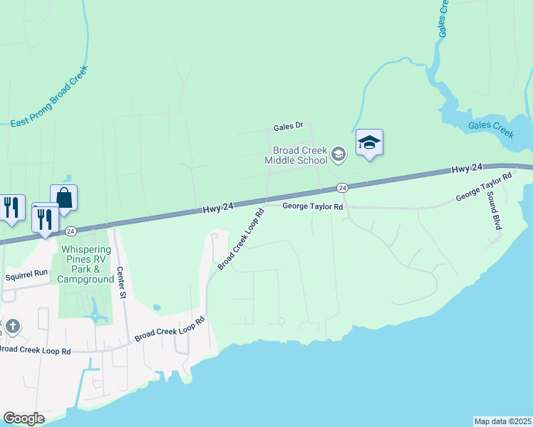 map of restaurants, bars, coffee shops, grocery stores, and more near 127 Broad Creek Loop Road in Newport