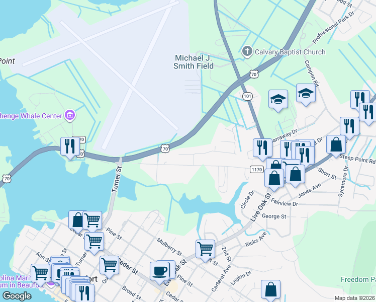 map of restaurants, bars, coffee shops, grocery stores, and more near 100-104 Joyce Boulevard in Beaufort