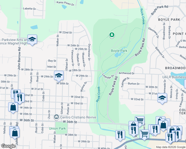 map of restaurants, bars, coffee shops, grocery stores, and more near 2915 Dorchester Drive in Little Rock