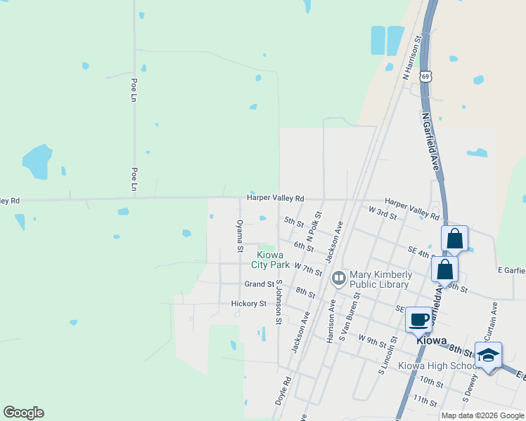 map of restaurants, bars, coffee shops, grocery stores, and more near 305 South Bois Darc Avenue in Kiowa