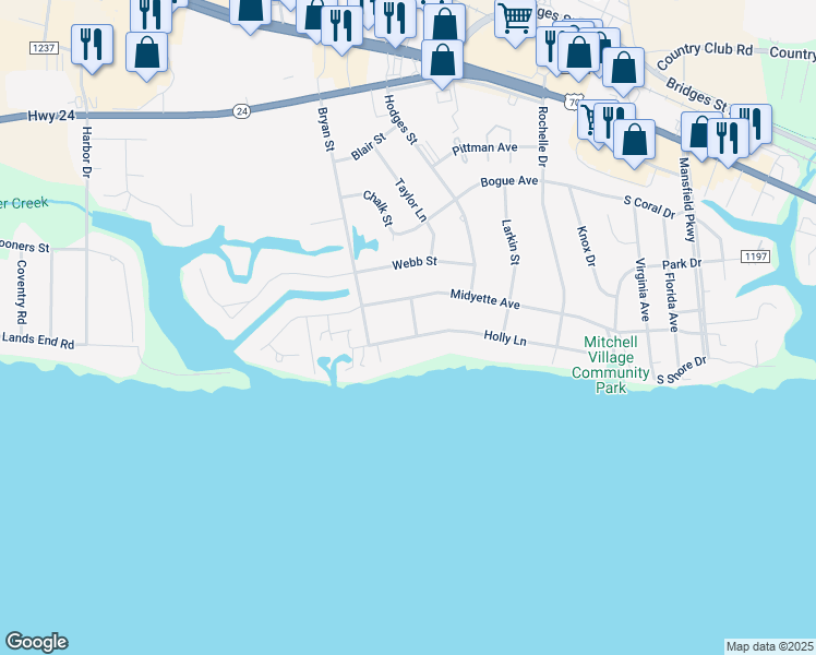 map of restaurants, bars, coffee shops, grocery stores, and more near 5122 Holly Lane in Morehead City