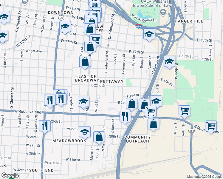 map of restaurants, bars, coffee shops, grocery stores, and more near 2301 Cumberland Street in Little Rock
