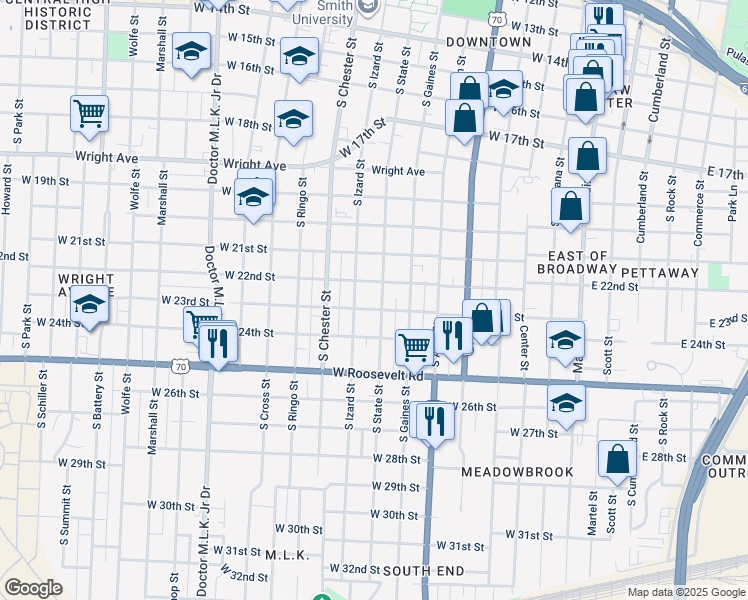 map of restaurants, bars, coffee shops, grocery stores, and more near in Little Rock