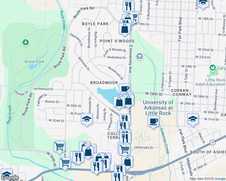 map of restaurants, bars, coffee shops, grocery stores, and more near 7 Broadmoor Drive in Little Rock