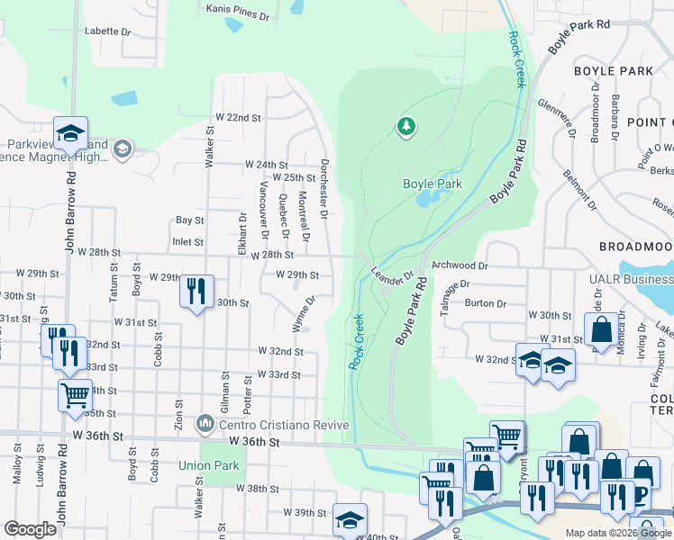 map of restaurants, bars, coffee shops, grocery stores, and more near 2915 Dorchester Drive in Little Rock