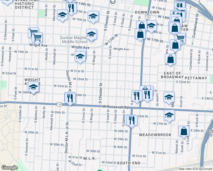 map of restaurants, bars, coffee shops, grocery stores, and more near 2218 South Izard Street in Little Rock