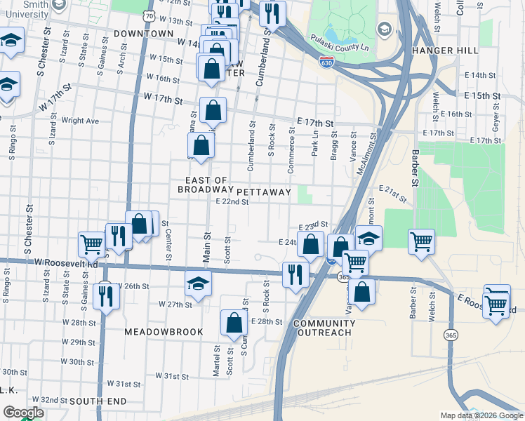 map of restaurants, bars, coffee shops, grocery stores, and more near 2301 Cumberland Street in Little Rock