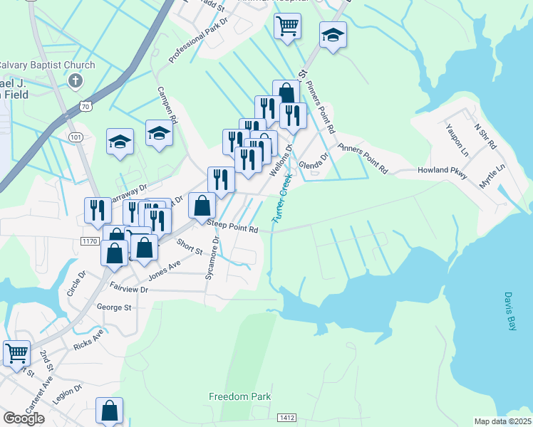 map of restaurants, bars, coffee shops, grocery stores, and more near 306 Campen Road in Beaufort