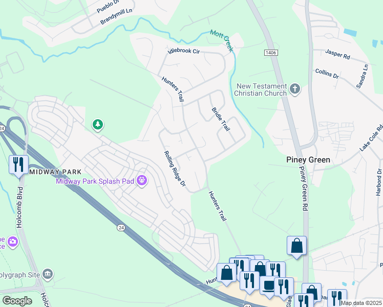 map of restaurants, bars, coffee shops, grocery stores, and more near 2303 Knollwood Lane in Piney Green