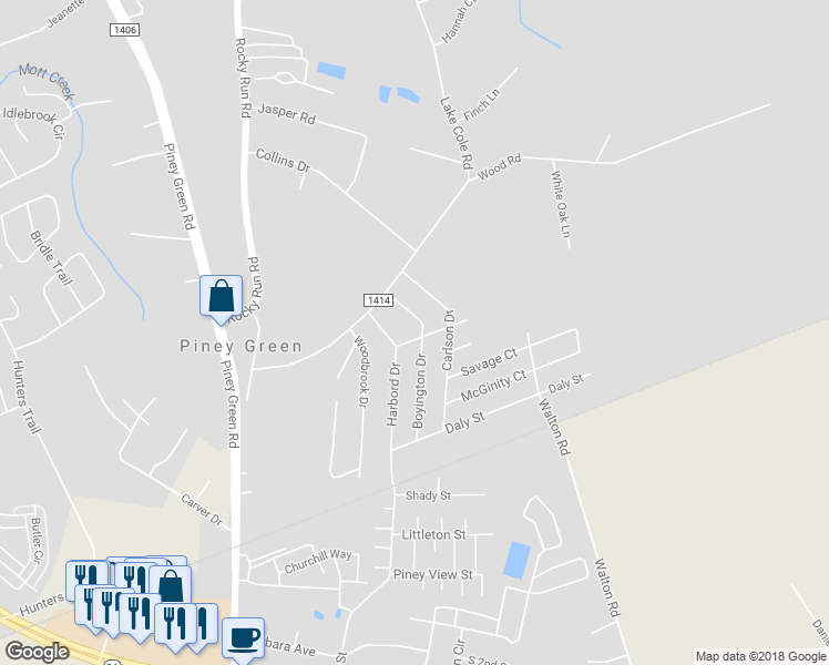 map of restaurants, bars, coffee shops, grocery stores, and more near 207 Cukela Street in Piney Green