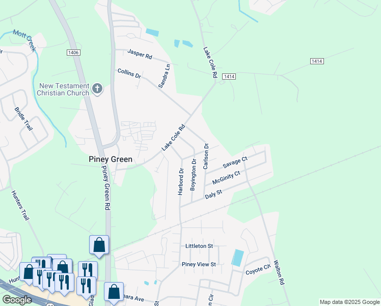 map of restaurants, bars, coffee shops, grocery stores, and more near 207 Cukela Street in Piney Green