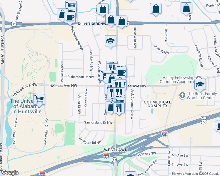 map of restaurants, bars, coffee shops, grocery stores, and more near in Huntsville