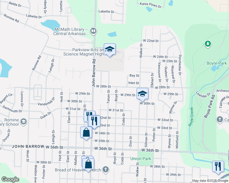 map of restaurants, bars, coffee shops, grocery stores, and more near 8501 West 28th Street in Little Rock