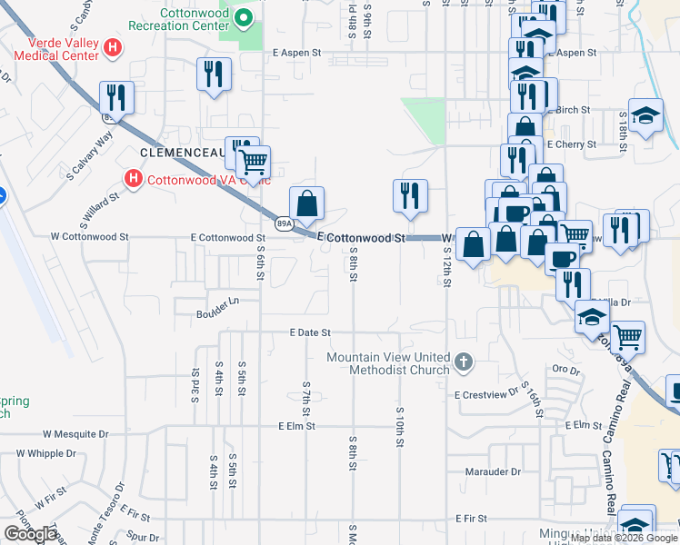 map of restaurants, bars, coffee shops, grocery stores, and more near 777 East State Route 89a in Cottonwood