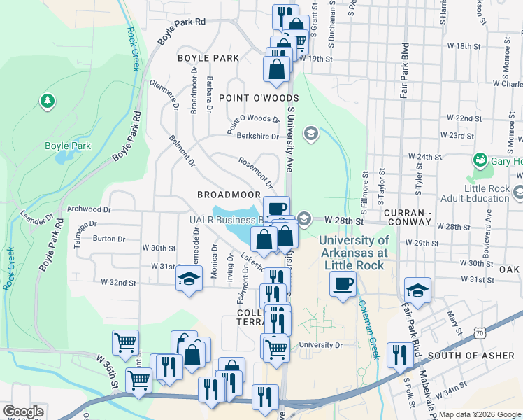 map of restaurants, bars, coffee shops, grocery stores, and more near 9 Broadmoor Drive in Little Rock