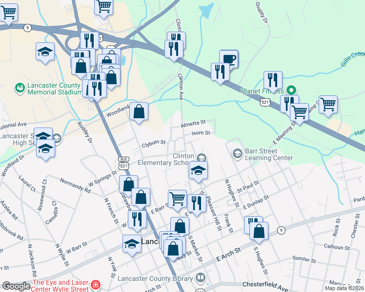 map of restaurants, bars, coffee shops, grocery stores, and more near 435 Clinton Avenue in Lancaster