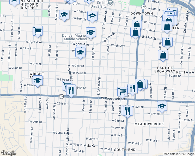 map of restaurants, bars, coffee shops, grocery stores, and more near 2121 South Chester Street in Little Rock