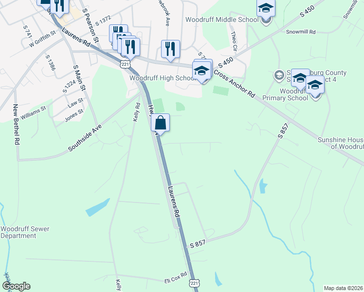 map of restaurants, bars, coffee shops, grocery stores, and more near 129 Vickery Road in Woodruff